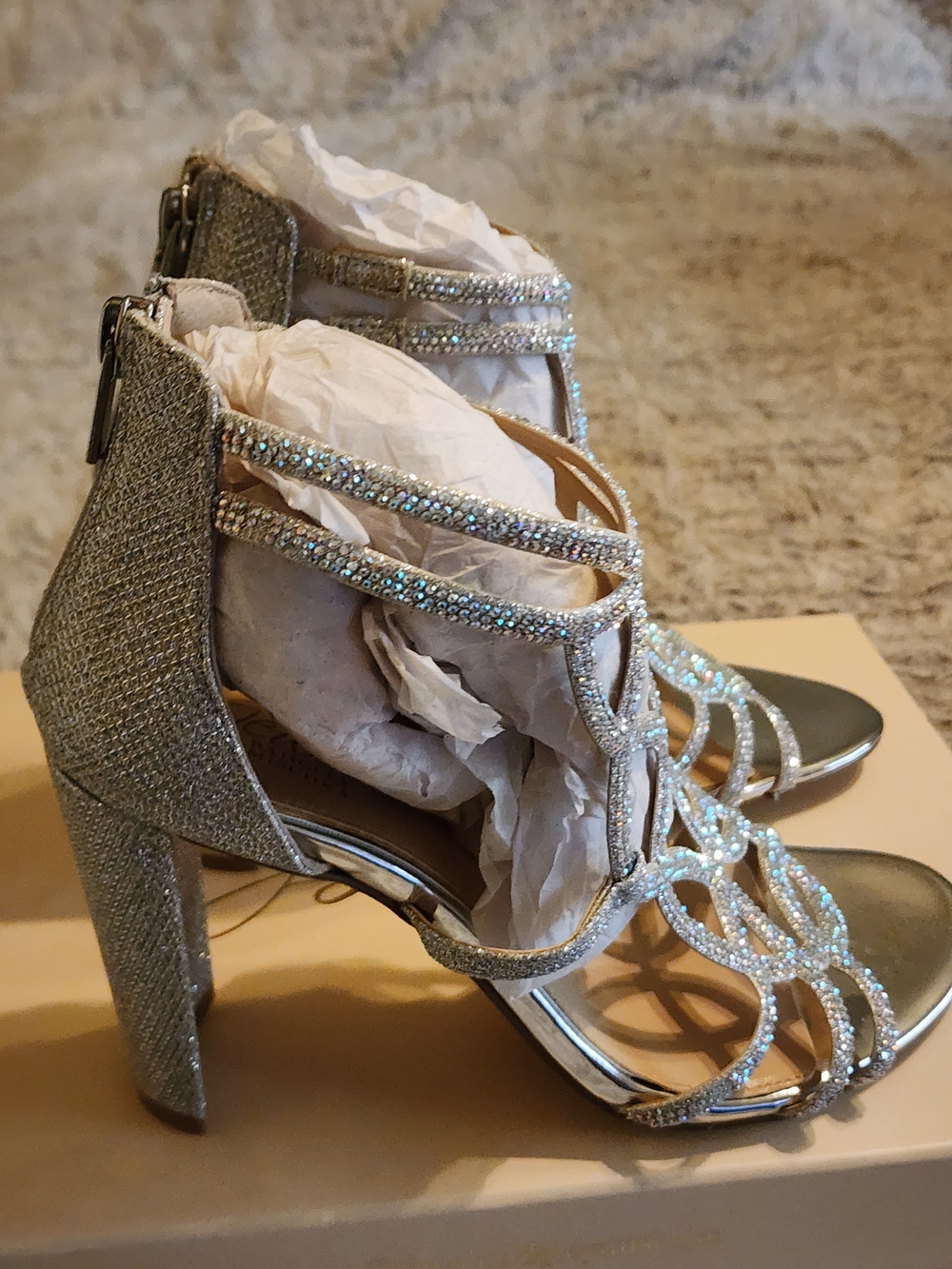 Jewel Badgley Mischka Silver Crystal Strappy High Heels - Picture 7 of 10